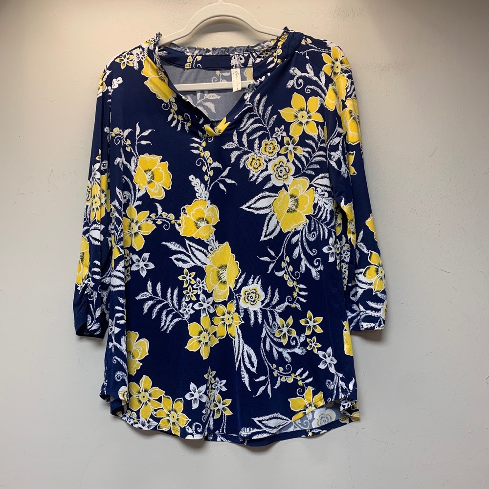 Perception Concept Blouse Womens Large Navy Yellow Floral Excellent 3/4 Sleeve